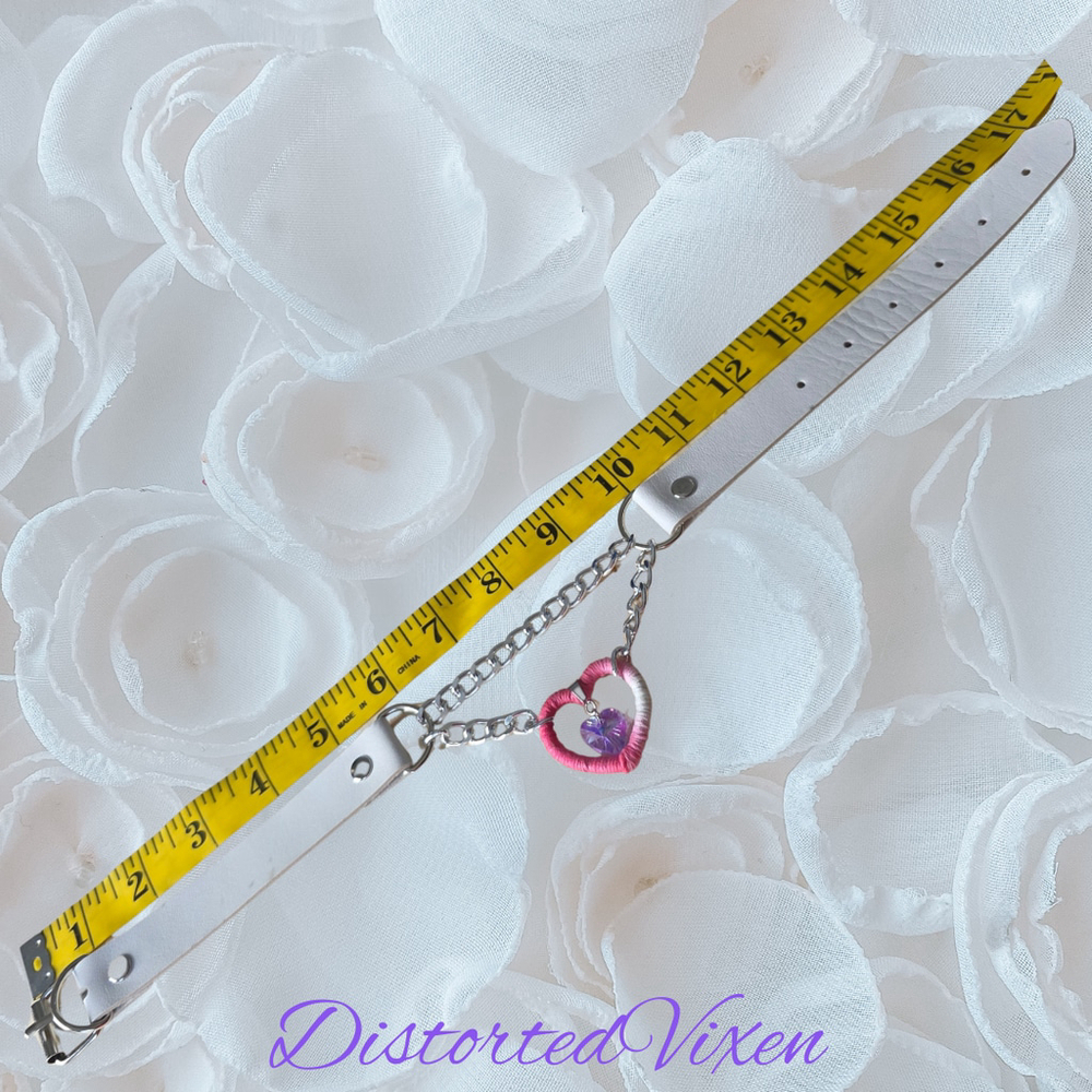 Pink & White Heart Choker Wrapped Fiber Heart with Crystal Charm - Picture 5 of 9